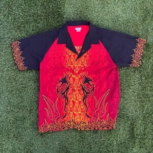 Vintage Y2K No Boundaries Mens Size Medium 16/18 Flames Dragon Button Down Shirt